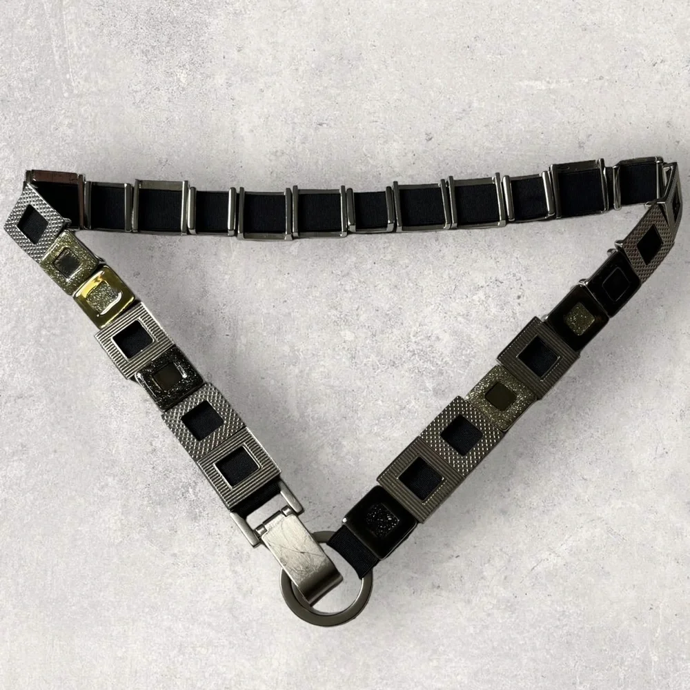 Y2K Metal Geometric Links Belt Carabiner O ring Buckle Stretchy Glitter Silver M